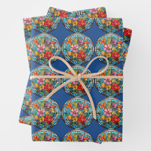 Stained Glass Floral Mosaic Art Design Wrapping Paper Sheets