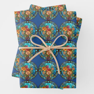 Stained Glass Floral Mosaic Art Design Wrapping Paper Sheets