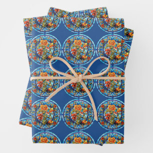 Stained Glass Floral Mosaic Art Design Wrapping Paper Sheets