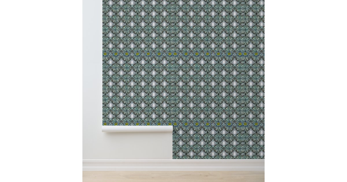 Stained Glass Floral Pattern with Green and Blue Wallpaper | Zazzle