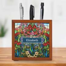 Stained Glass Floral Personalized Desk Organizer