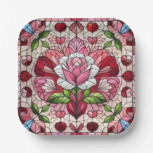 Stained glass floral Valentine's day Paper Plates