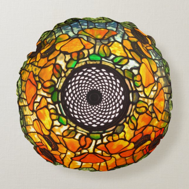 Stained glass floral vintage round pillow (Front)