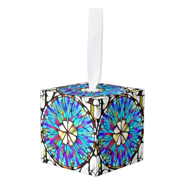 Stained Glass Flower Cube Ornament (Front Angled)