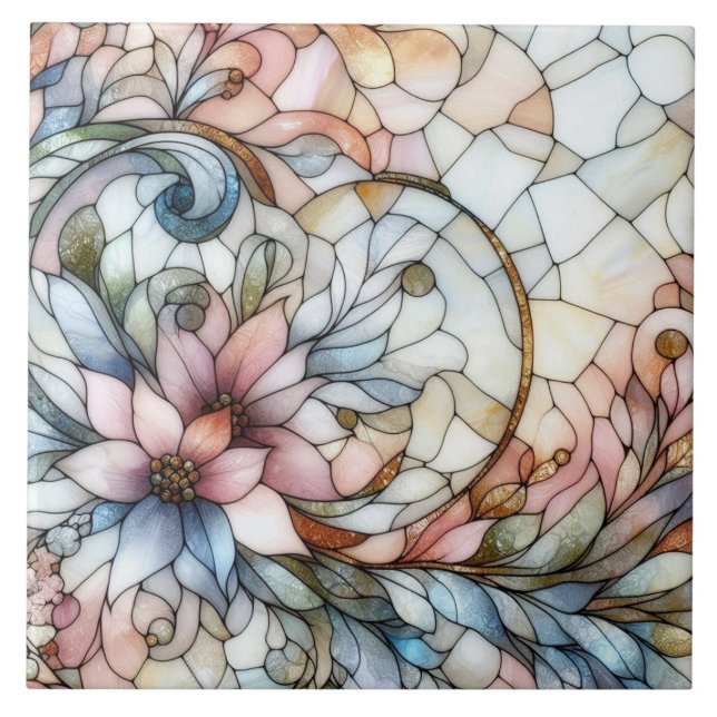 Stained glass flower motive ceramic tile (Front)