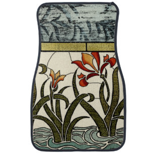 Stained Glass Flowers with Tan Border Car Floor Mat