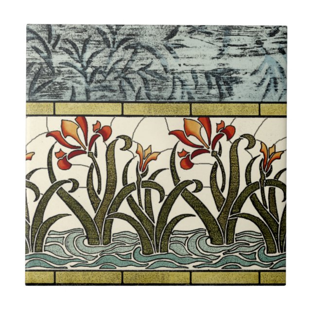 Stained Glass Flowers with Tan Border Ceramic Tile (Front)