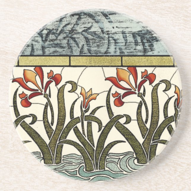 Stained Glass Flowers with Tan Border Drink Coaster (Front)