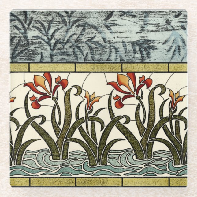 Stained Glass Flowers with Tan Border Glass Coaster (Front)