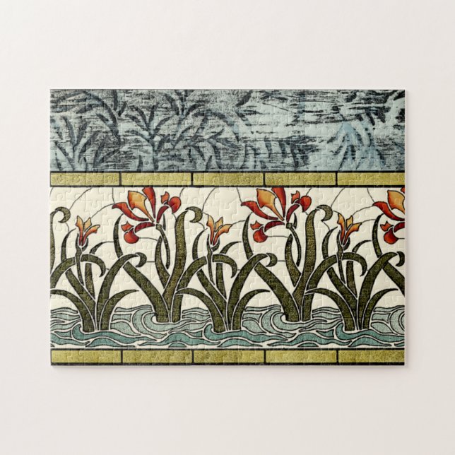 Stained Glass Flowers with Tan Border Jigsaw Puzzle (Horizontal)