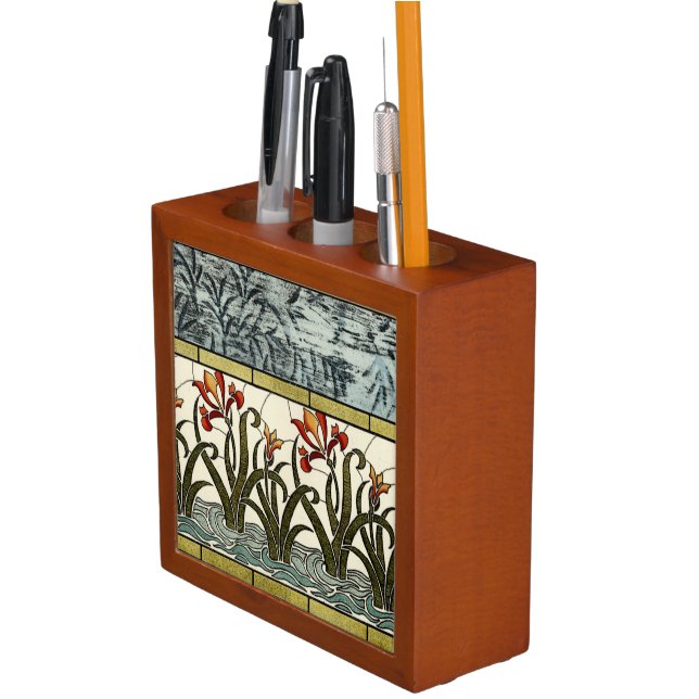 Stained Glass Flowers with Tan Border Pencil Holder (In Situ)