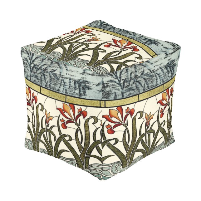 Stained Glass Flowers with Tan Border Pouf (Angled Front)