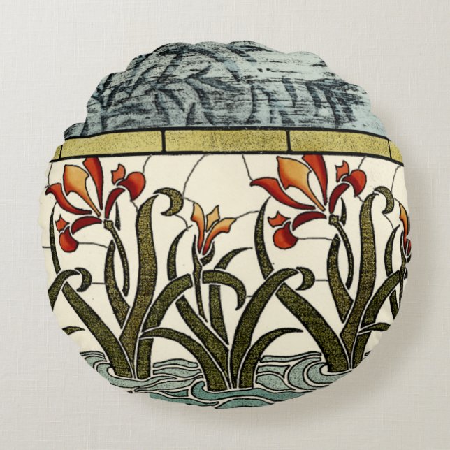 Stained Glass Flowers with Tan Border Round Pillow (Front)