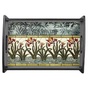 Stained Glass Flowers with Tan Border Serving Tray