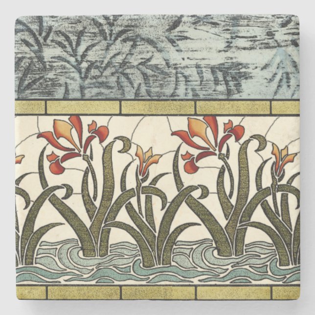 Stained Glass Flowers with Tan Border Stone Coaster (Front)