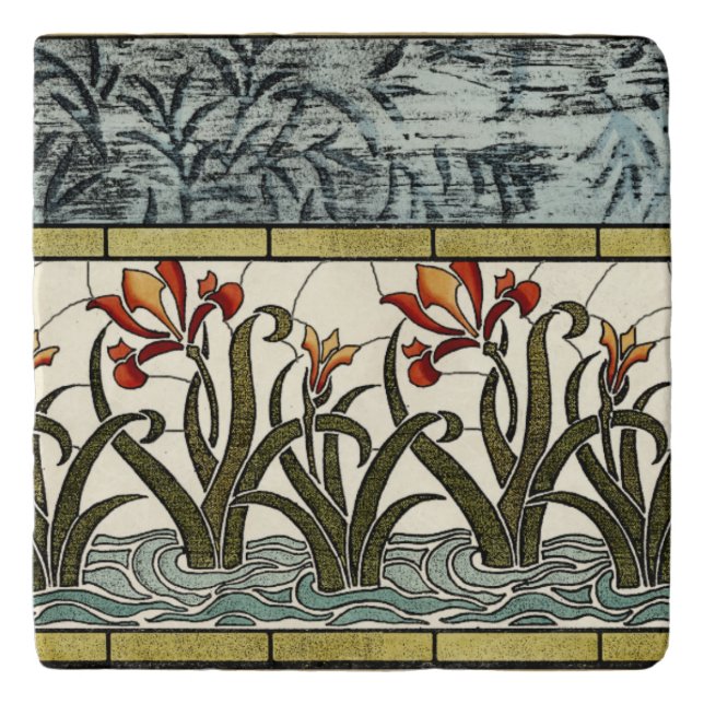 Stained Glass Flowers with Tan Border Trivet (Front)