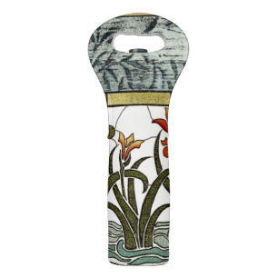 Stained Glass Flowers with Tan Border Wine Bag