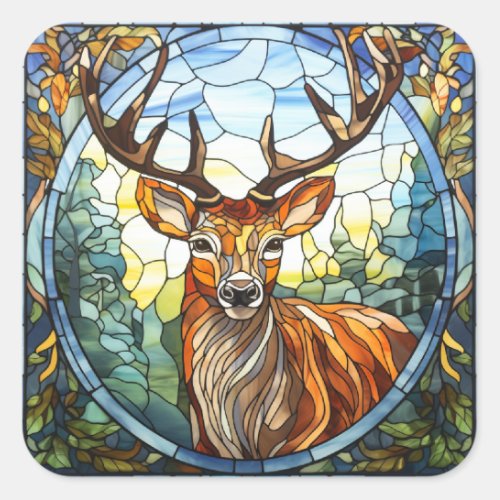 Stained Glass Forest Friend Stag Deer Square Sticker