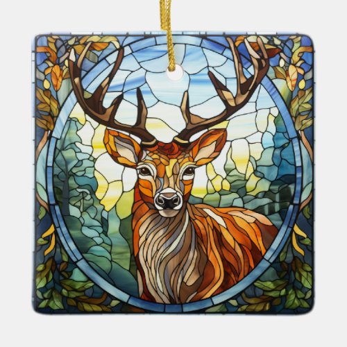Stained Glass Forest Friends Stag Deer Ceramic Ornament
