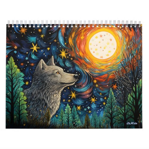 stained glass forest wolf with moon calendar 2025