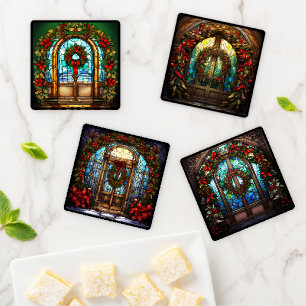 Stained Glass Front Doors with Christmas Wreaths Coaster Set