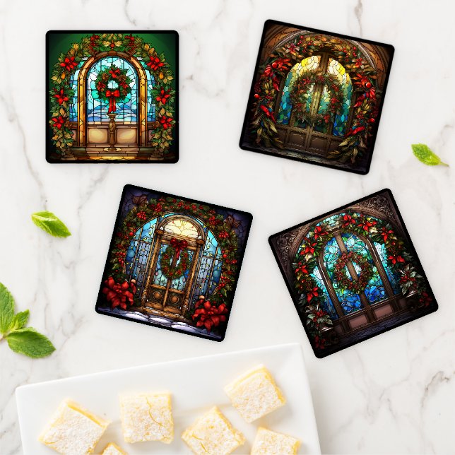 Stained Glass Front Doors with Christmas Wreaths Coaster Set (In Situ)