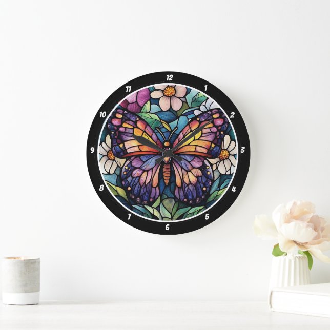 Stained Glass Garden" - Butterfly & Floral  Large Clock (Home)