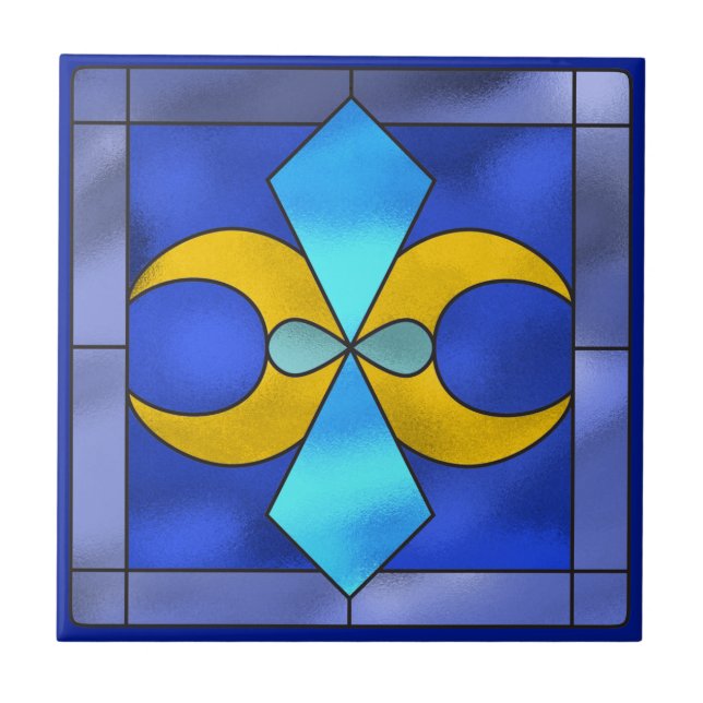 Stained Glass Geometric Moon Blue Ceramic Tile (Front)