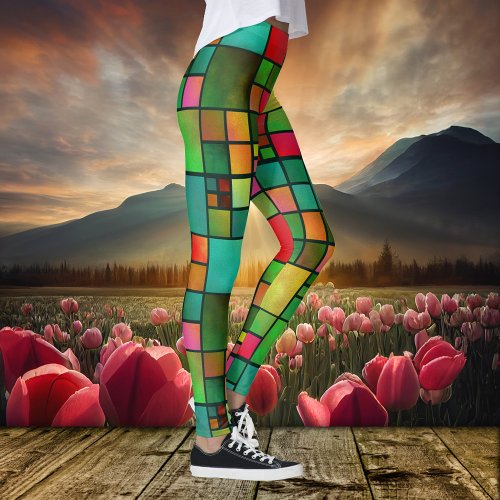 Stained Glass Geometric Watercolor Pattern Leggings