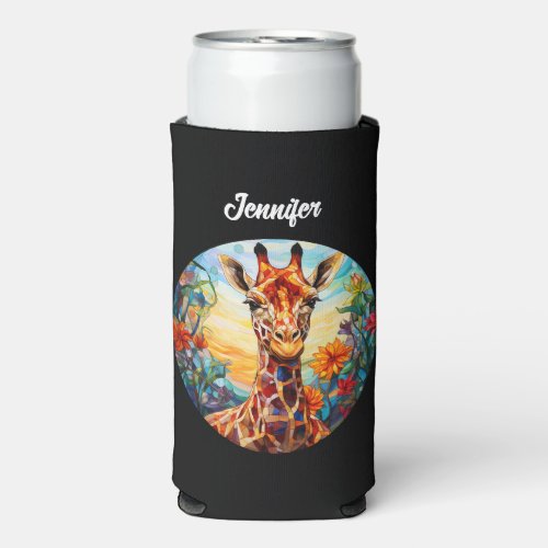 Stained Glass Giraffe Personalized Seltzer Can Cooler