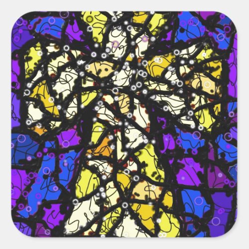 Stained glass gold Cross Square Sticker