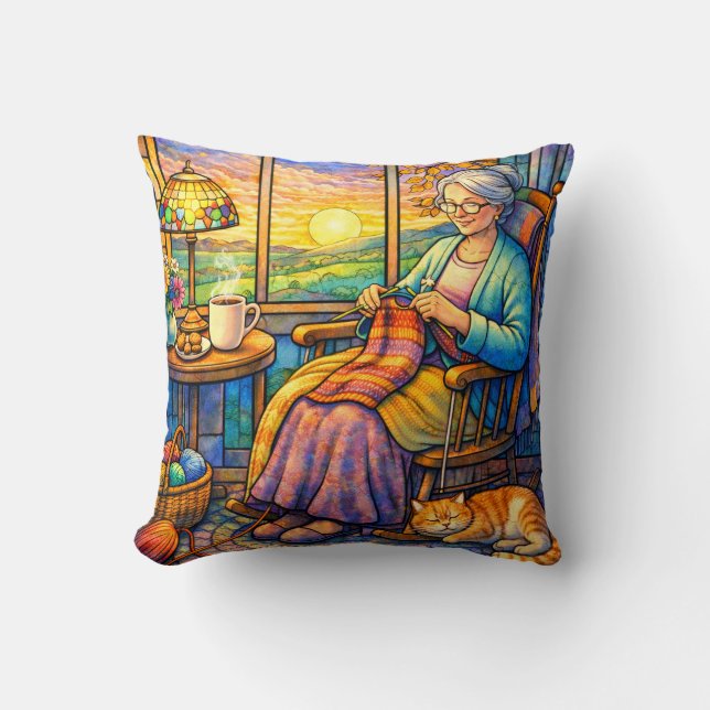 Stained Glass Grandma Knitting, Cat & Cozy Home  Throw Pillow (Front)