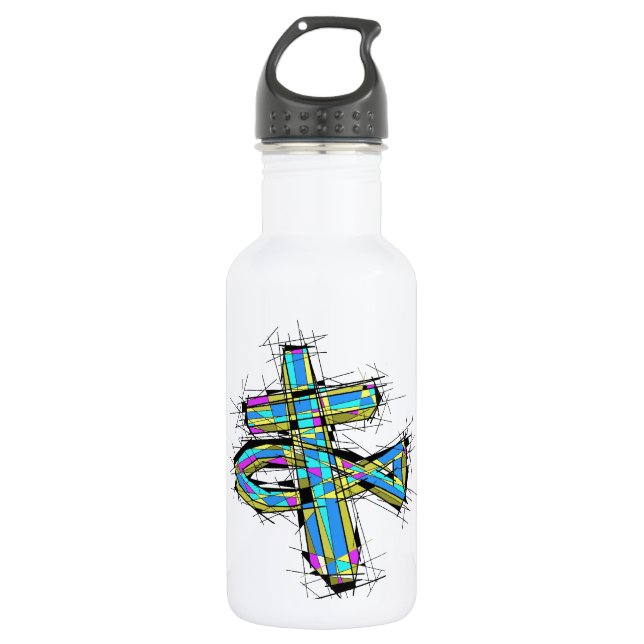 Stained glass graphic of The Cross and The Fish. Stainless Steel Water Bottle (Front)