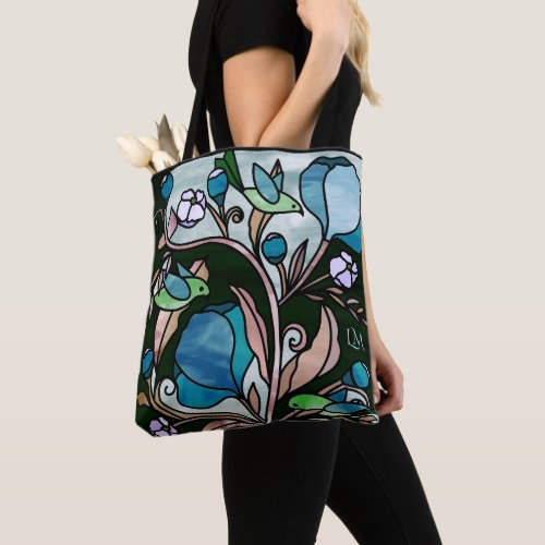 Stained glass green birds blue flowers monogram to tote bag