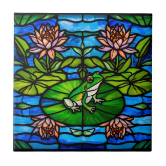 Stained Glass Green Frog and Water Lily Flowers  Ceramic Tile