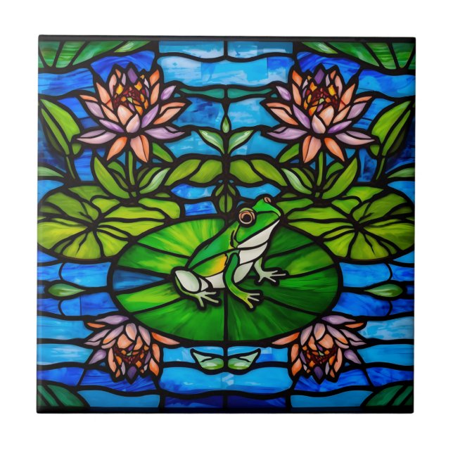 Stained Glass Green Frog and Water Lily Flowers  Ceramic Tile (Front)