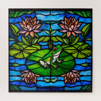 Stained Glass Green Frog and Water Lily Flowers Jigsaw Puzzle
