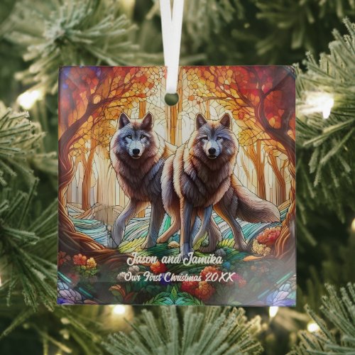 Stained Glass Grey Wolves Pair Glass Ornament