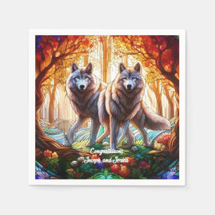 Stained Glass Grey Wolves Pair Napkins