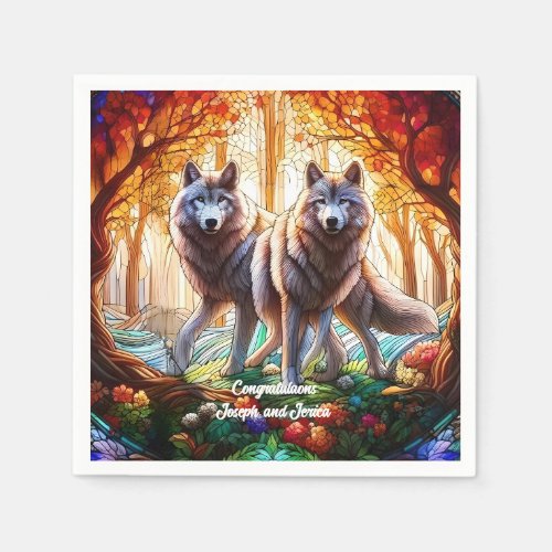 Stained Glass Grey Wolves Pair Napkins