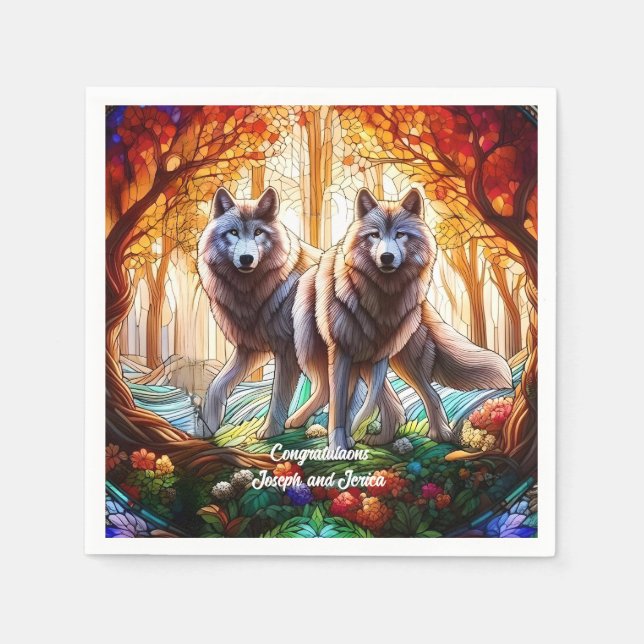 Stained Glass Grey Wolves Pair Napkins (Front)