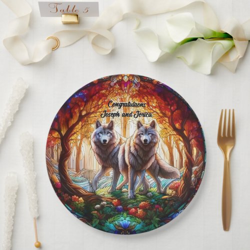 Stained Glass Grey Wolves Pair Paper Plates