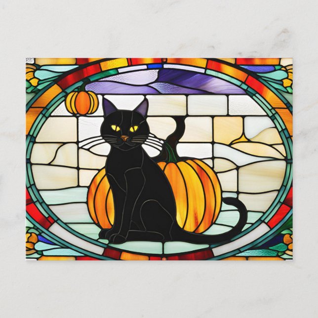 Stained Glass Halloween Black Cat Holiday Postcard (Front)