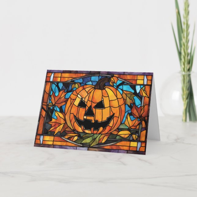 Stained Glass Halloween Scary Pumpkin Holiday Card (Front)
