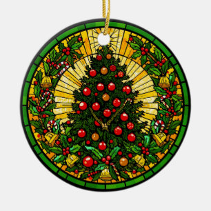 Stained Glass Holly & Bells Tree Ceramic Ornament