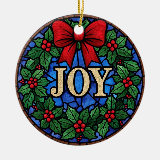 Stained Glass Holly Wreath JOY Ceramic Ornament (Front)
