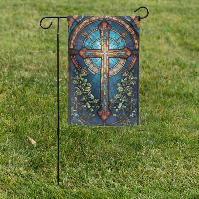 Stained Glass Holy Cross Christian Catholic Garden Flag (In SItu)