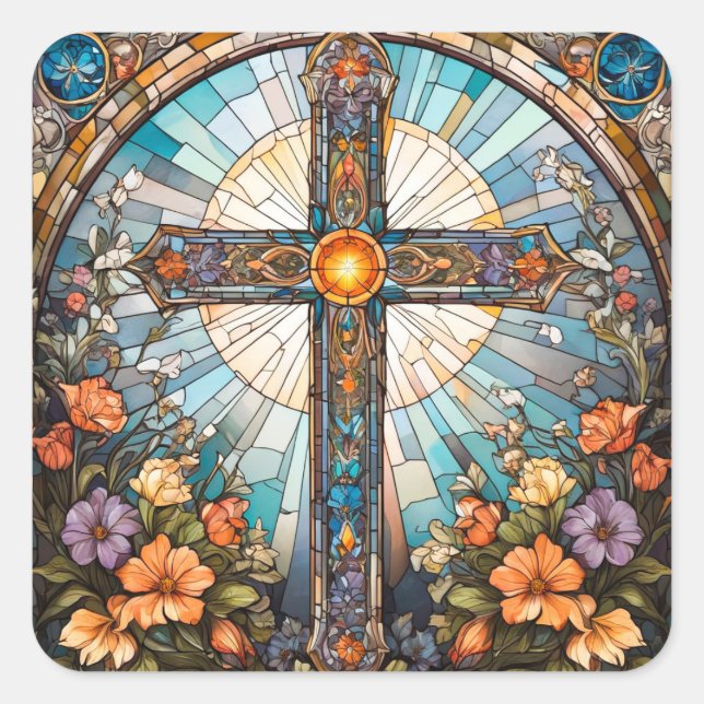 Stained Glass Holy Cross with Flowers Square Sticker (Front)