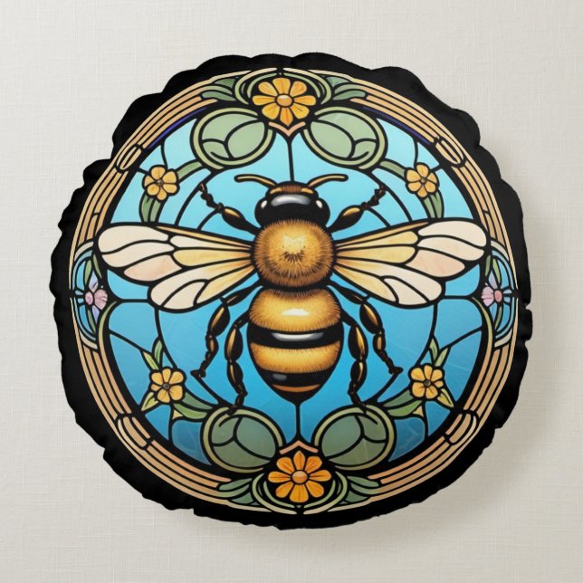 Stained Glass Honeybee Round Pillow (Front)
