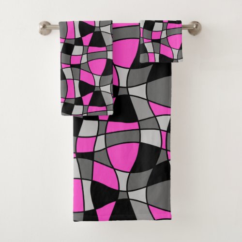 Stained Glass Hot Pink Mid_Century Modern Line Art Bath Towel Set